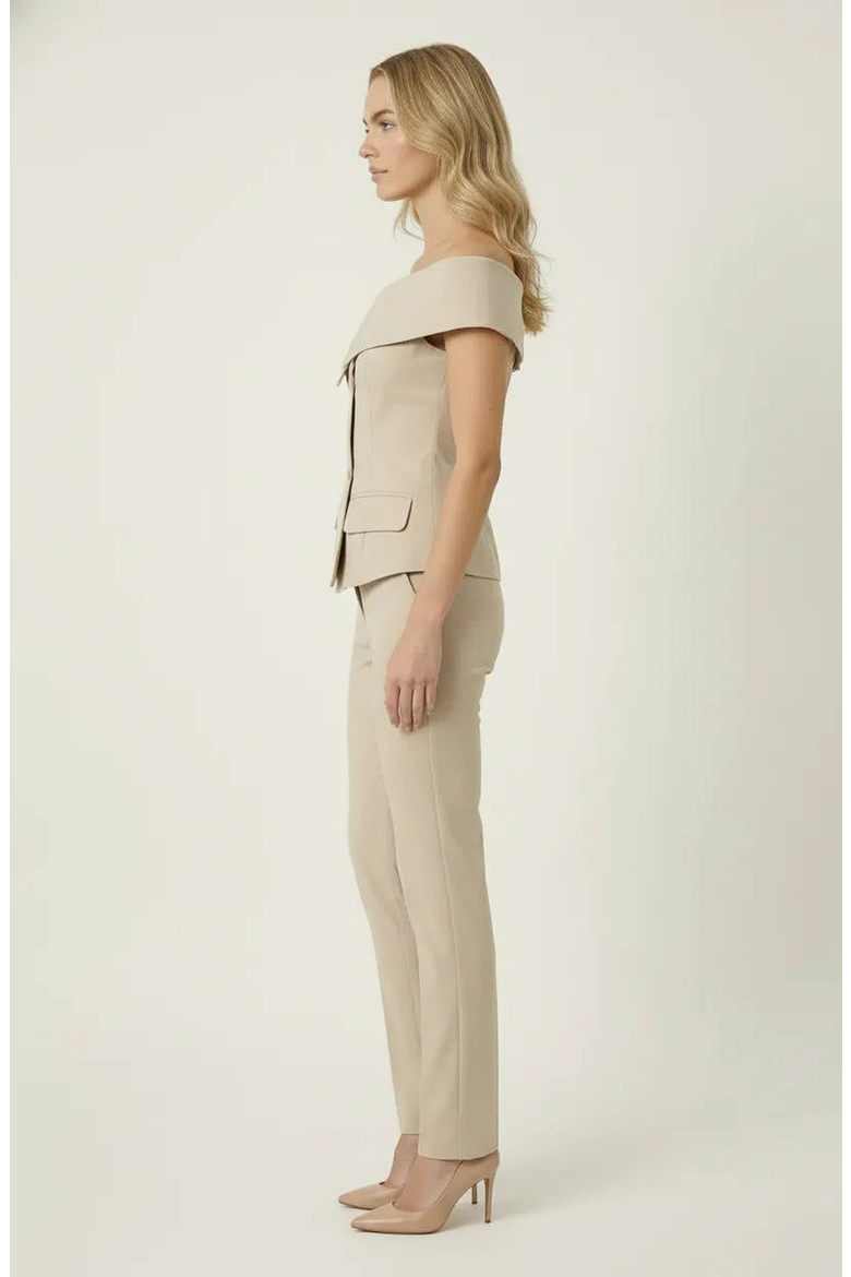 Off Shoulder Tailored Top with Foldover Collar and Button Front, Alternate, color, Beige