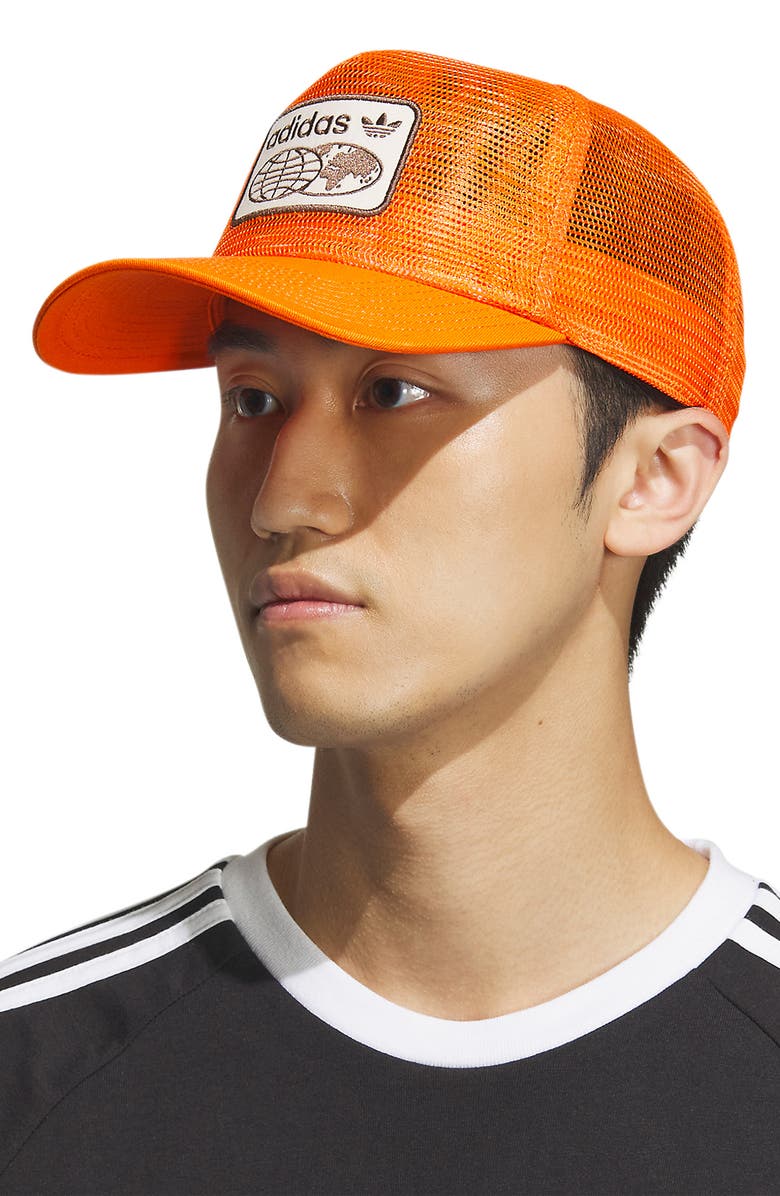 adidas Gender Inclusive Worldwide Patch Mesh Trucker Cap, Alternate, color, Orange/ White/ Earth Brown