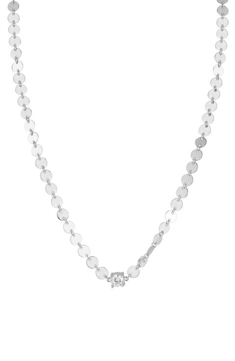 Rhodium Plated Sterling Silver Cubic Zirconia Disc Link Necklace