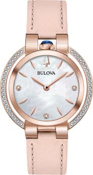 BULOVA Women's Rubaiyat Diamond Rose Gold Pink Leather Strap Watch, 35mm - 0.21 ctw
