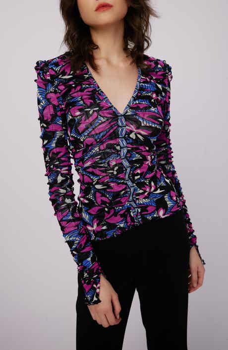 DVF Amal Reversible Geo & Floral Print Mesh Top