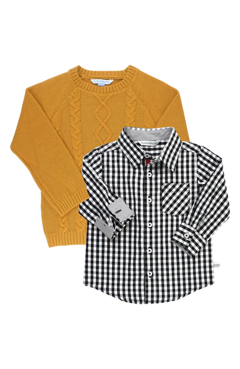 RuggedButts Cable Knit Sweater & Gingham Shirt Set, Main, color, 
