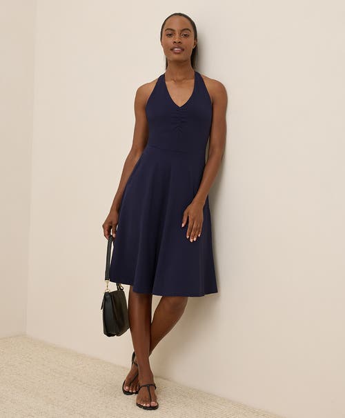 Pact Organic Cotton Fit & Flare Gathered Halter Dress In Blue