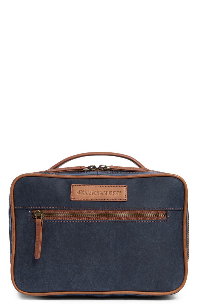 Johnston & Murphy Antique Cotton & Leather Dopp Kit, Main, color, Navy