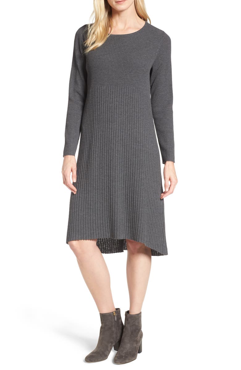 Eileen Fisher Ribbed Wool Sweater Dress, Main, color, Bark
