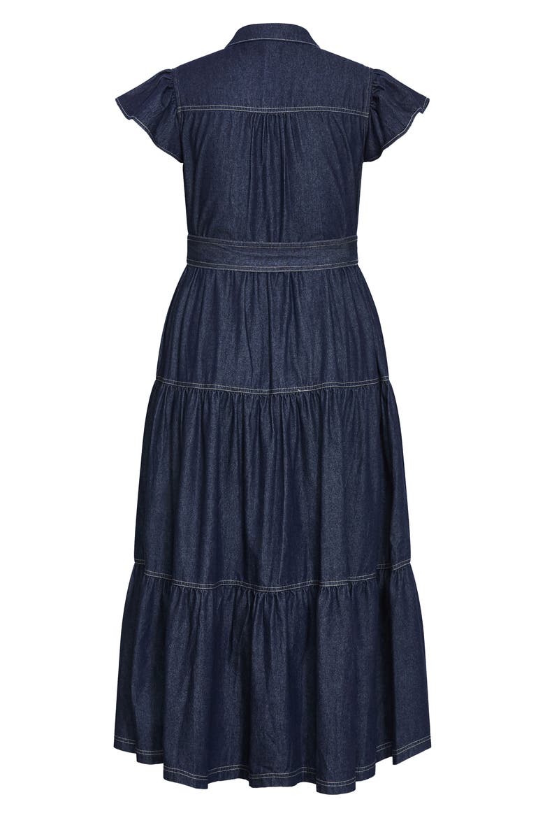 Kelsie Tie Waist Tiered Denim Maxi Dress, Alternate, color, DARK DENIM