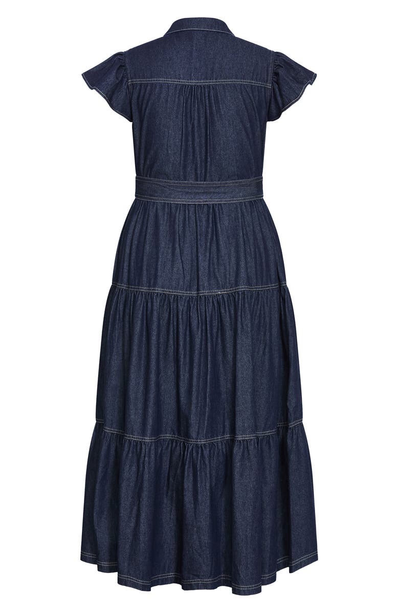 City Chic Kelsie Tie Waist Tiered Denim Maxi Dress, Alternate, color, 