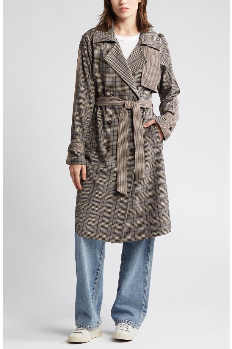 Shinely Plaid & Houndstooth Trench Coat, Alternate, color, BROWN PLAID MIX