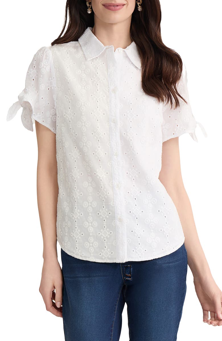 Jones New York Tie Sleeve Eyelet Embroidered Cotton Button-Up Shirt, Main, color, Natural White