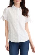 Jones New York Tie Sleeve Eyelet Embroidered Cotton Button-Up Shirt