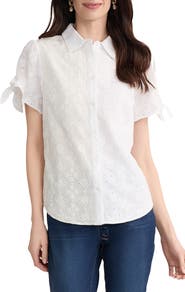 Jones New York Tie Sleeve Eyelet Embroidered Cotton Button-Up Shirt