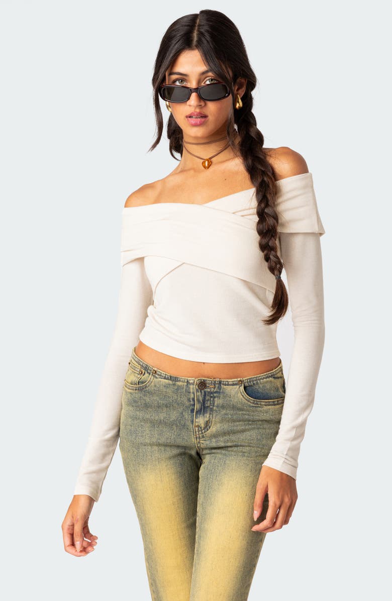 EDIKTED Crossover Off the Shoulder Long Sleeve Top, Alternate, color, Cream