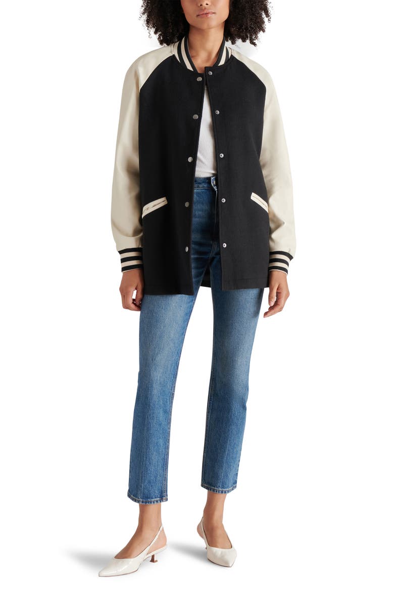 Skylie Faux Leather Sleeve Twill Stadium Bomber Jacket, Alternate, color, BLACK