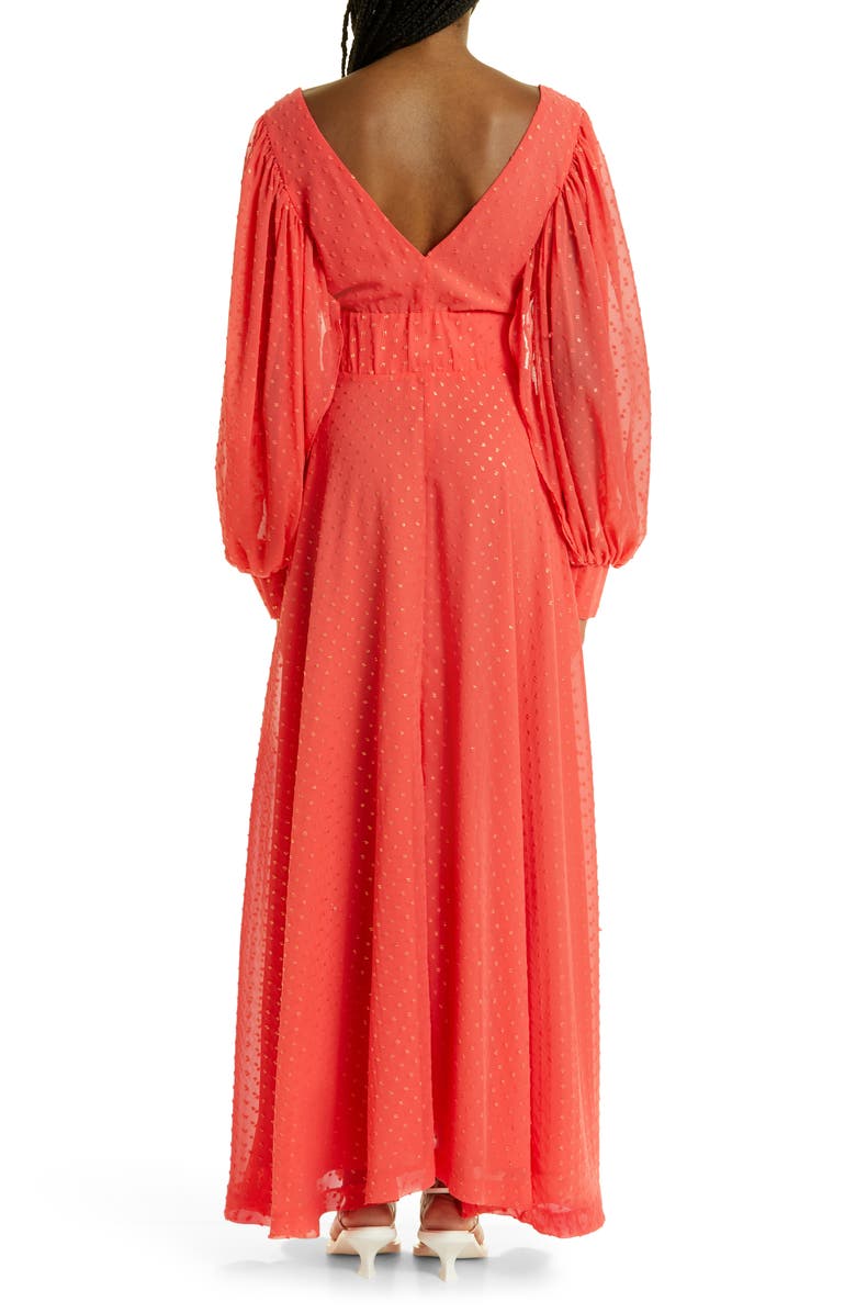 Kimberly Goldson Lesli Clip Dot Long Sleeve Maxi Dress, Alternate, color, Coral/ Gold Print