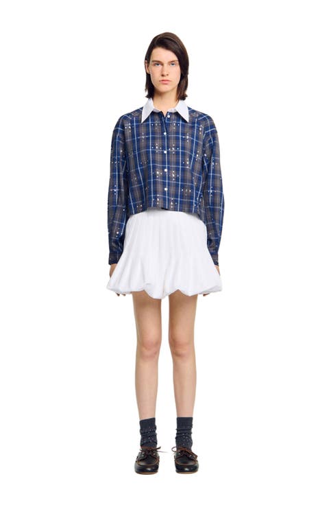 Rhinestone checkered collar shirt