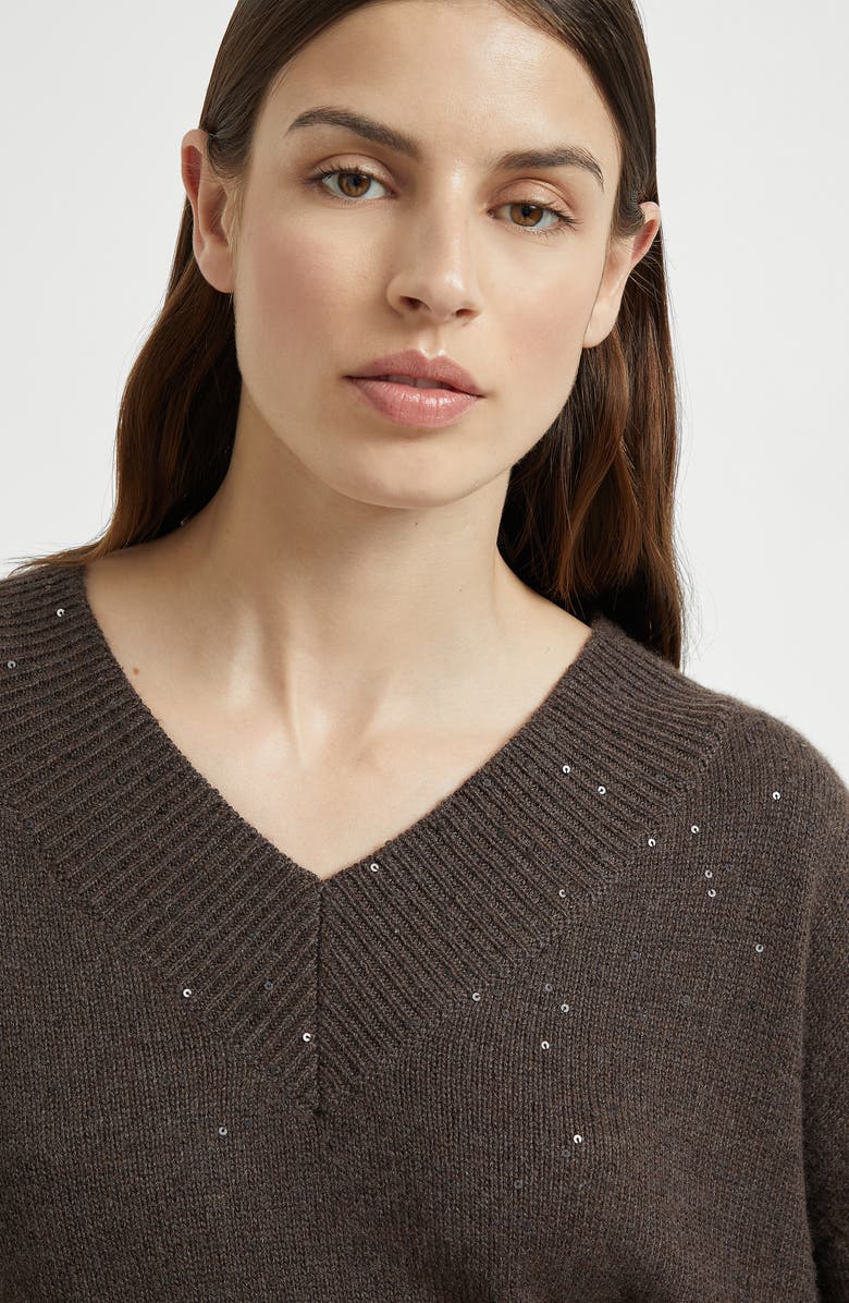 Brunello Cucinelli Cashmere and silk diamond yarn sweater, Alternate, color, Rust Brown