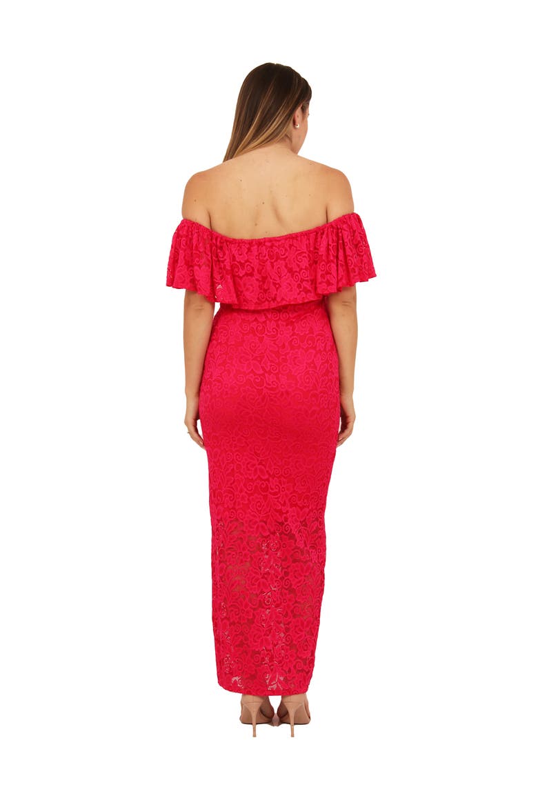 Womens Elevate Lace Off the Shoulder Side Slit Body-Con Maxi Dress, Alternate, color, Fuchsia