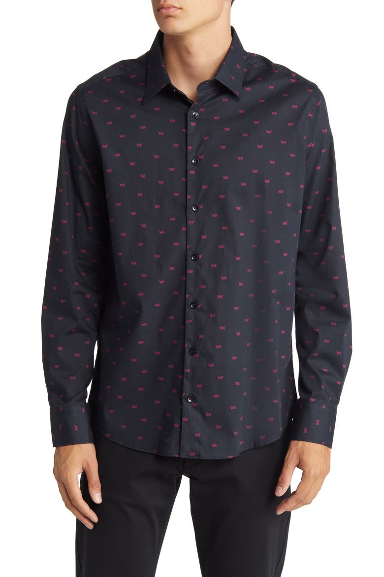 Men's Tiger Print Stretch Cotton Button-Up Shirt, Main, color, BLACK
