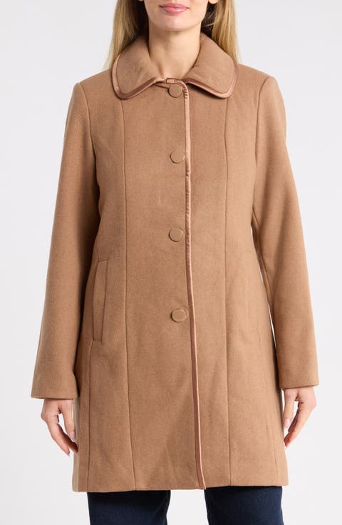 Satin Trim Wool Blend Coat