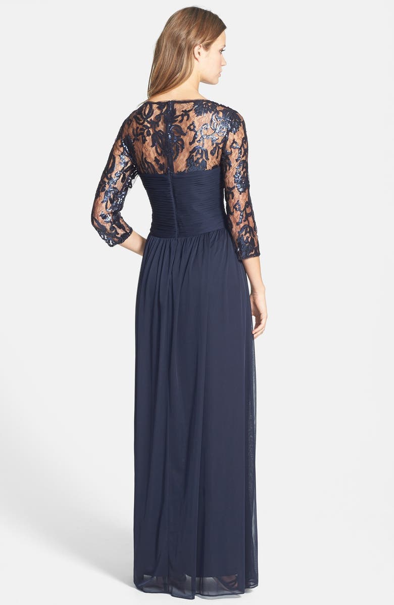Adrianna Papell Embellished Lace Yoke Pleat Mesh Gown, Alternate, color, 
