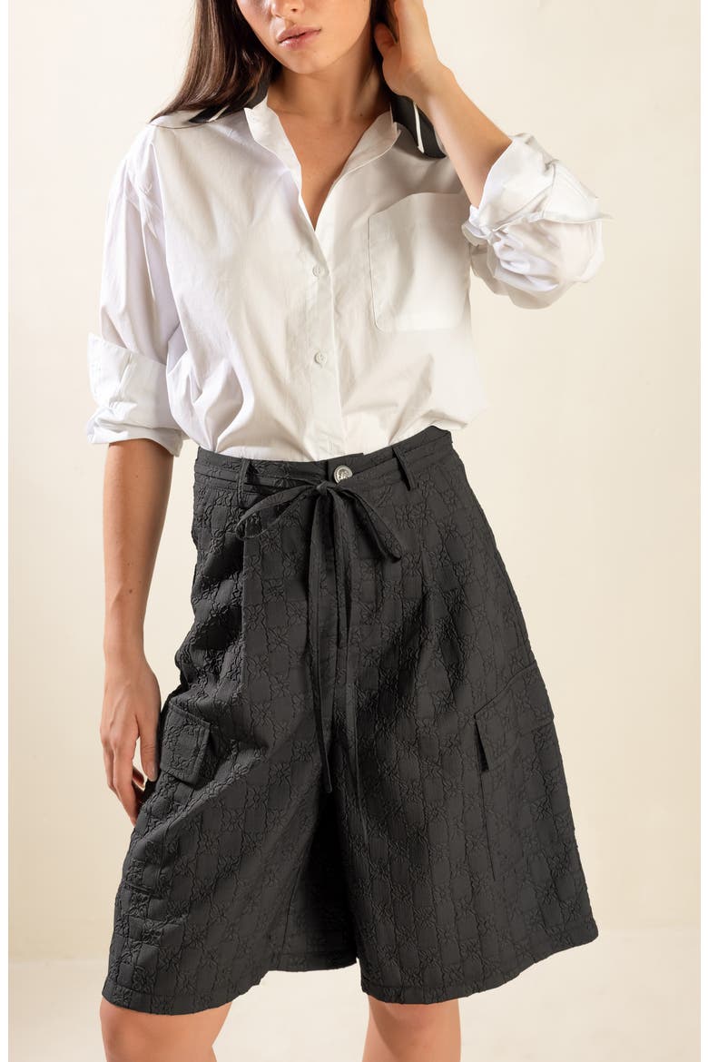 Textured Tie Waist Bermuda Shorts, Alternate, color, BLACK
