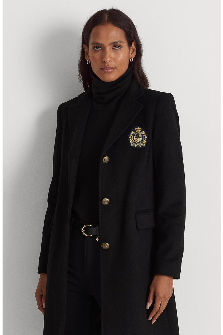Crest Patch Wool Blend Reefer Coat, Alternate, color, BLACK
