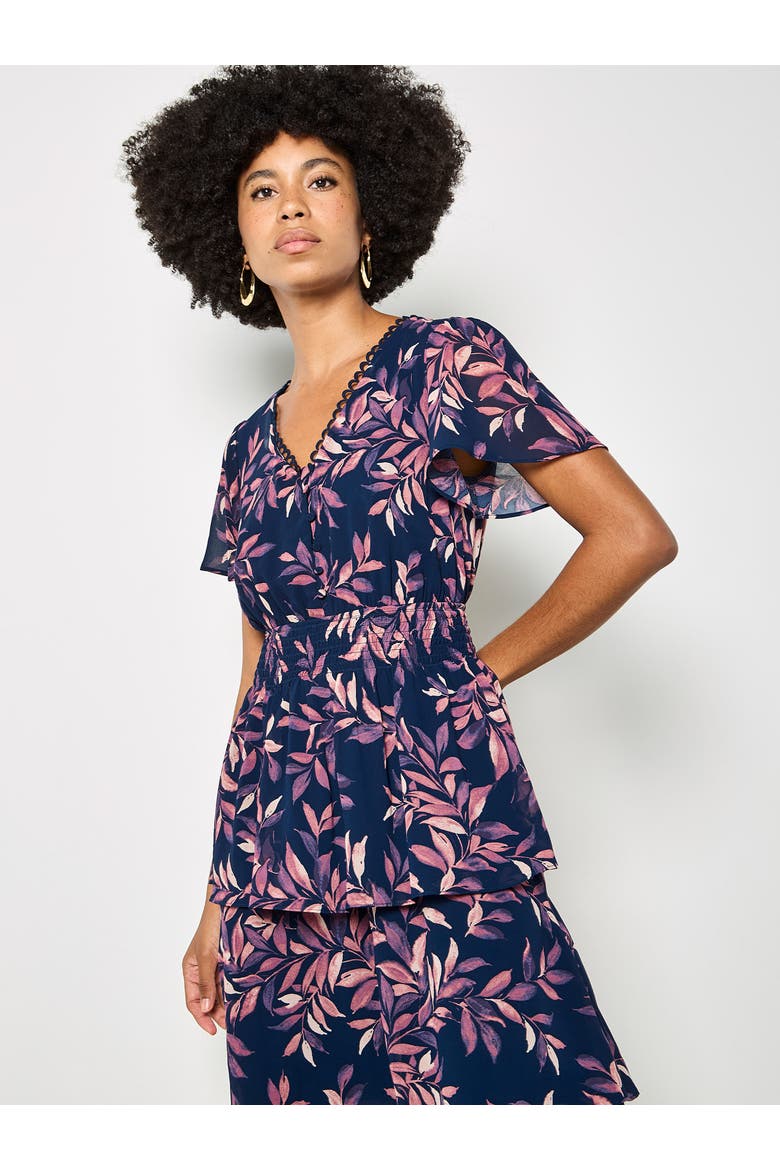 Tiered Leaf Print Dress, Alternate, color, Navy