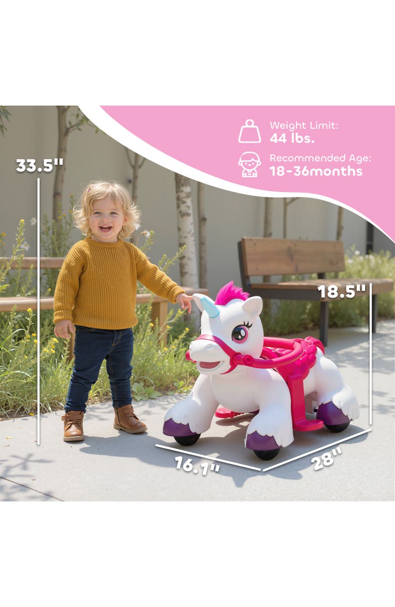Qaba 12V Ride on Horse Battery Powered Ride on Unicorn Toy with Carrot Toy Comb Animal Sounds for Girls Boys Aged Years Old, Alternate, color, White