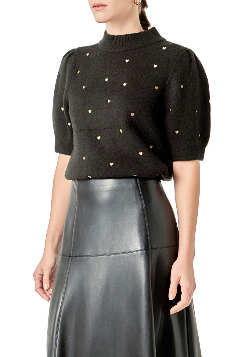 Heart Embroidered Puff Sleeve Sweater, Alternate, color, BLACK