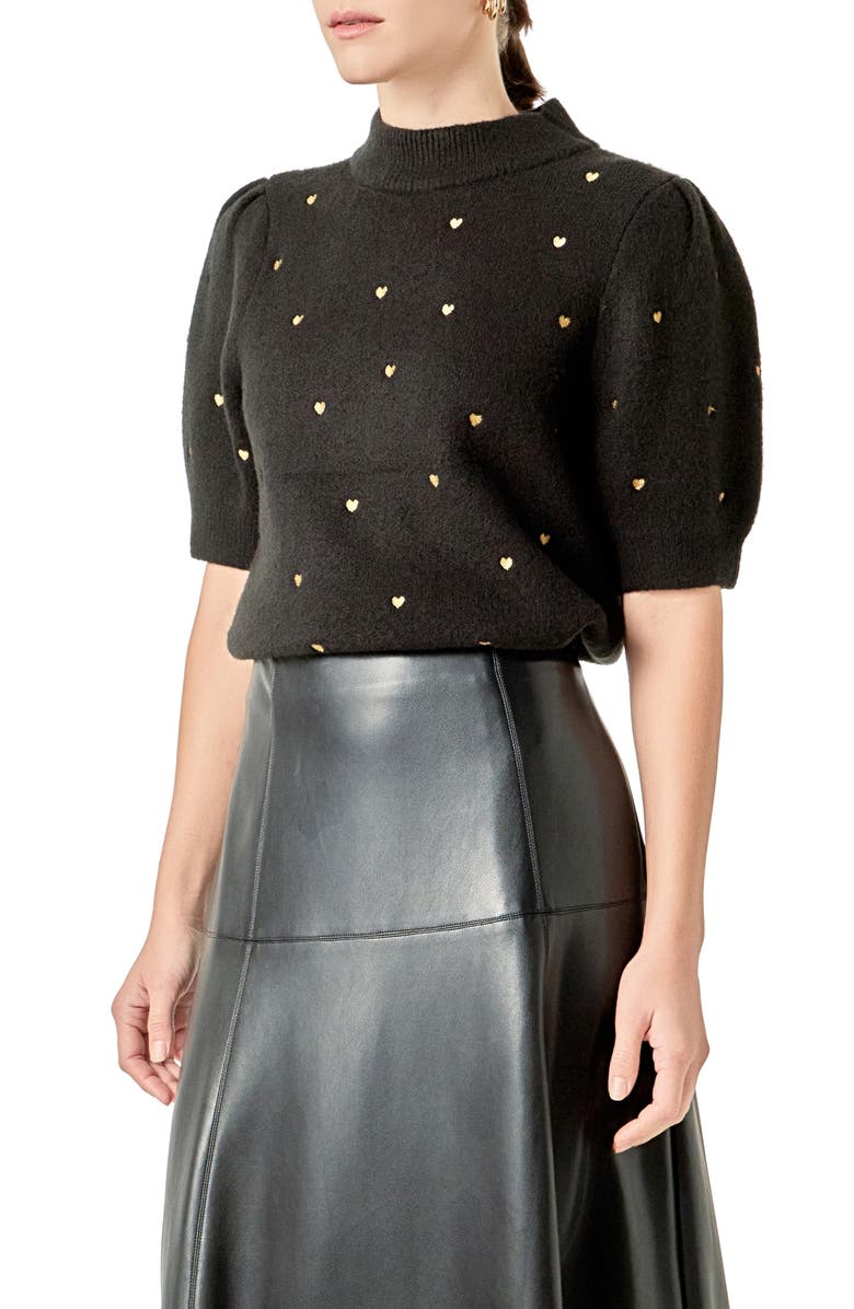 English Factory Heart Embroidered Puff Sleeve Sweater, Alternate, color, Black