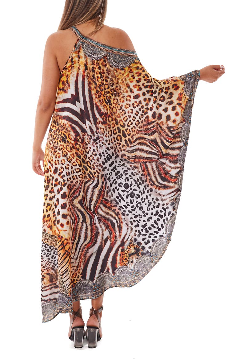 Crystal Embellished Animal Print One-Shoulder Dress, Alternate, color, BROWN