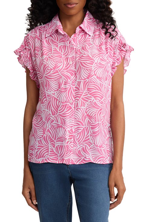 Abstract Print Ruffle Sleeve Shirt