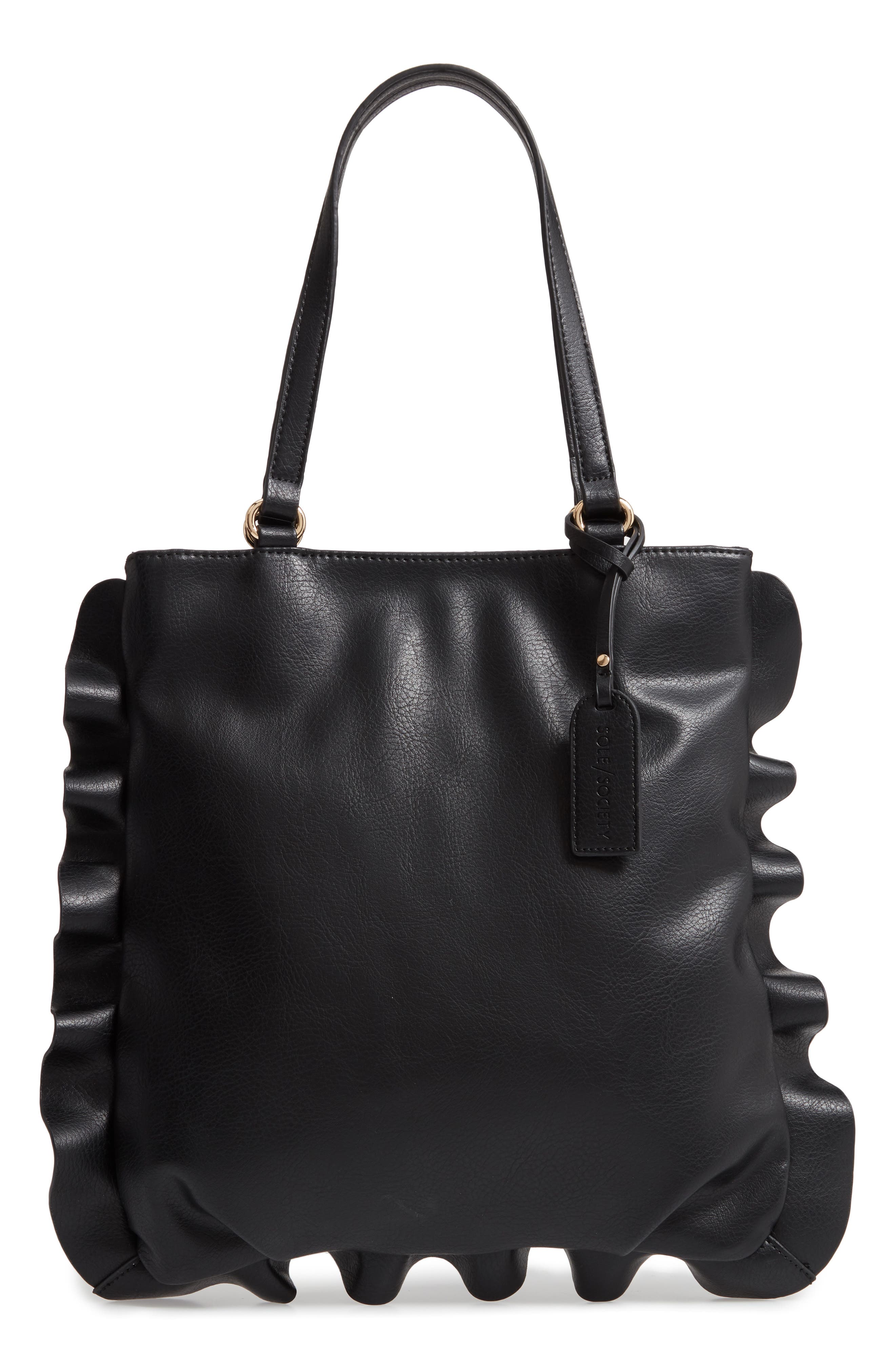 Arwen Ruffle Trim Faux Leather Tote, Main, color, BLACK