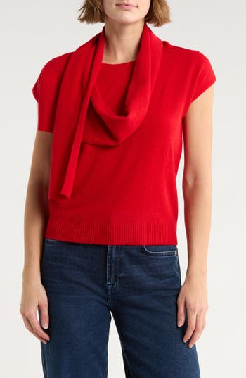 Magaschoni Cashmere Scarf Short Sleeve Sweater In Red