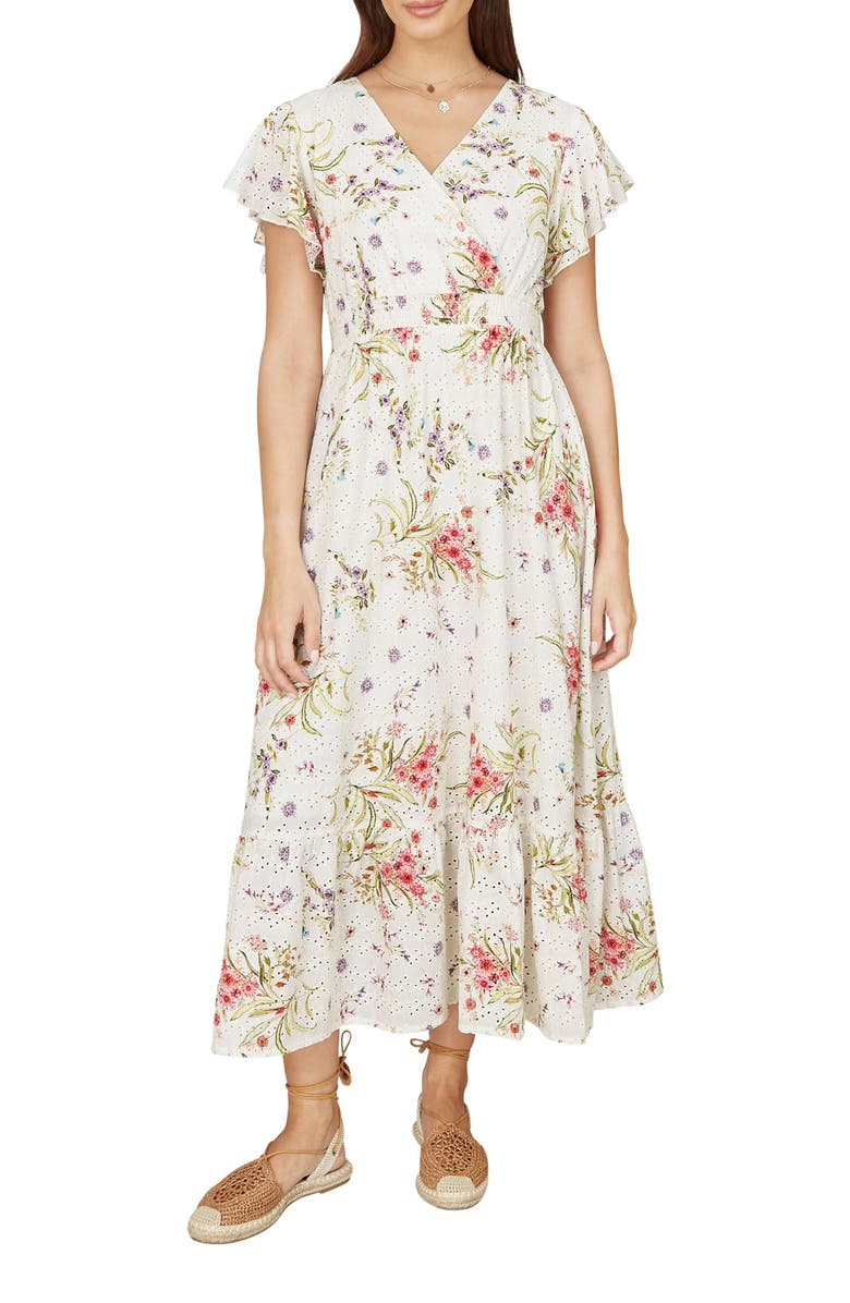 Yumi Floral Broderie Anglaise Wrap Midi Dress, Alternate, color, Ivory