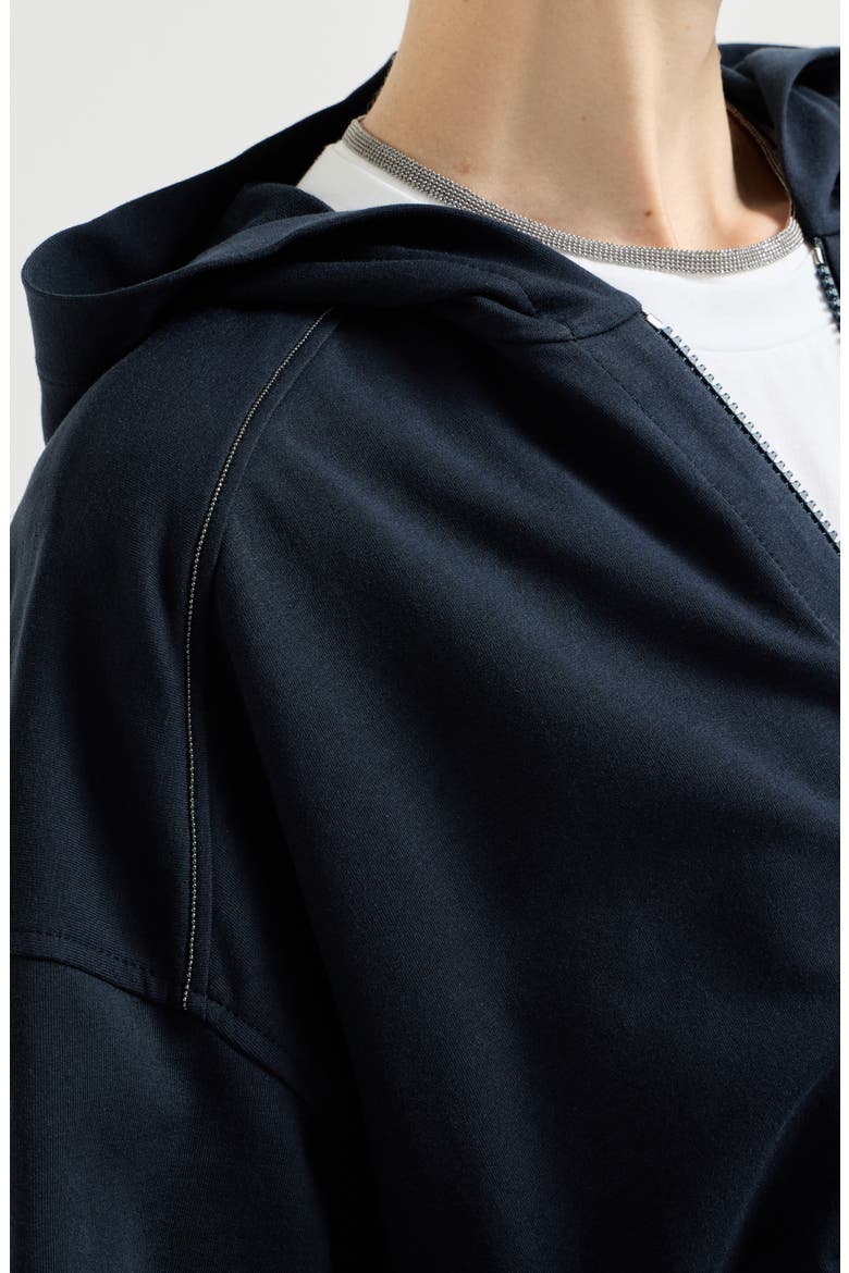 Stretch cotton lightweight French terry hooded sweatshirt with zipper and shiny trims, Alternate, color, Blue