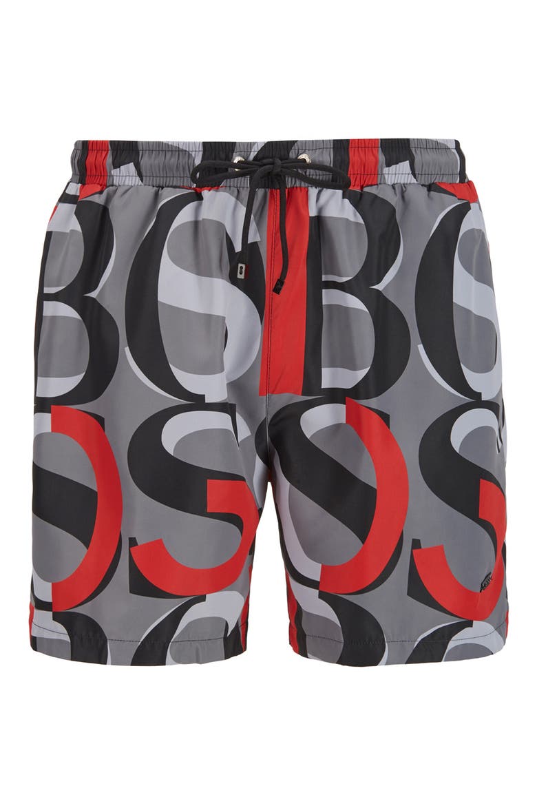 Fanfin Print Swim Trunks, Alternate, color, BRIGHT RED