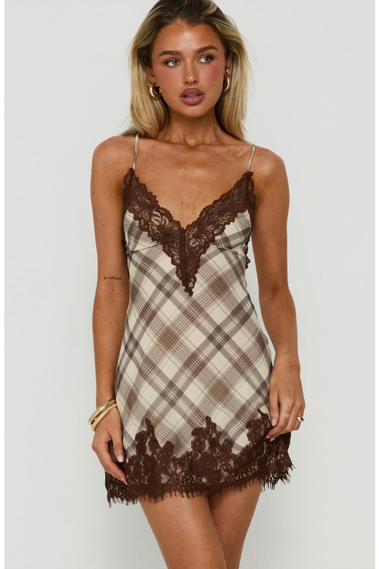 Call My Lover Lace Slip Minidress, Alternate, color, BROWN CHECK