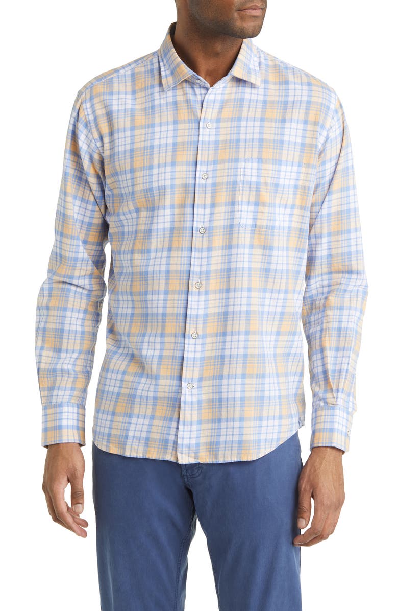 Peter Millar Macaw Plaid Button-Up Shirt, Main, color, Blue Granite