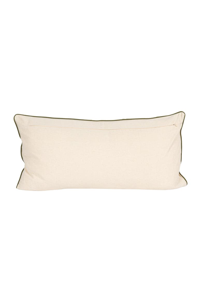 Cotton Lumbar Pillow with Fern Fronds Embroidery, Cream and Green, Alternate, color, Green