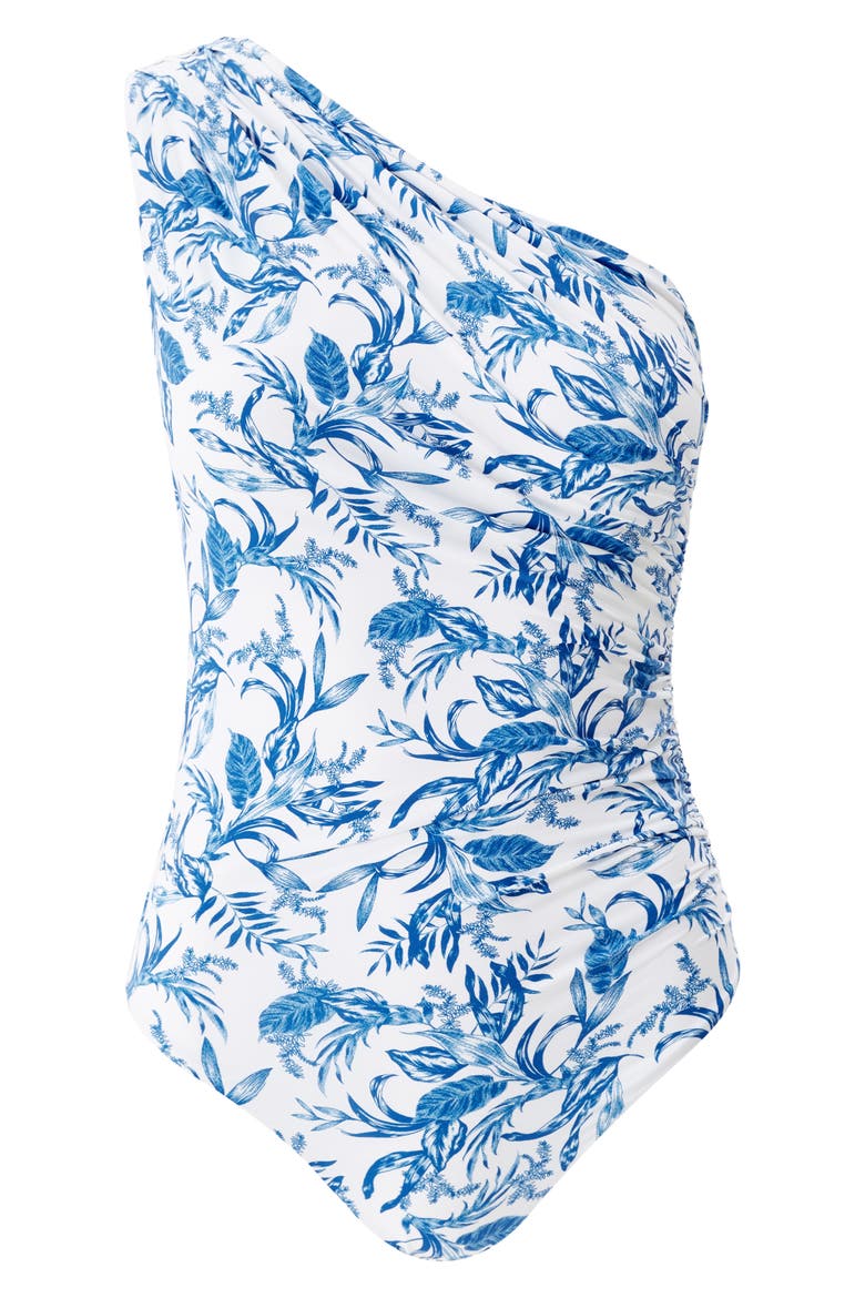 Arizona Ruched One-Shoulder One-Piece Swimsuit, Alternate, color, BLUE LEAF