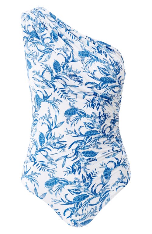 Melissa Odabash Leaf Arizona Ruched Asymmetric One-piece Swimsuit In Blue Leaf