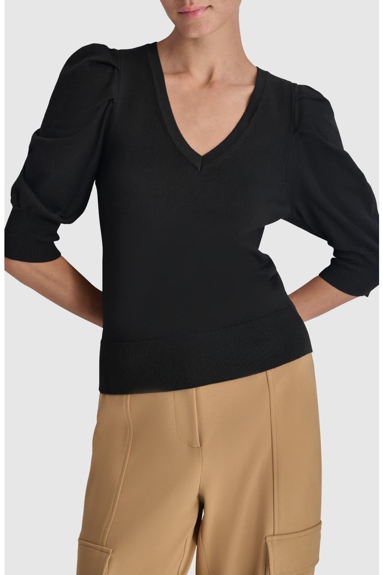 Puff Sleeve V-Neck Sweater, Alternate, color, BLACK