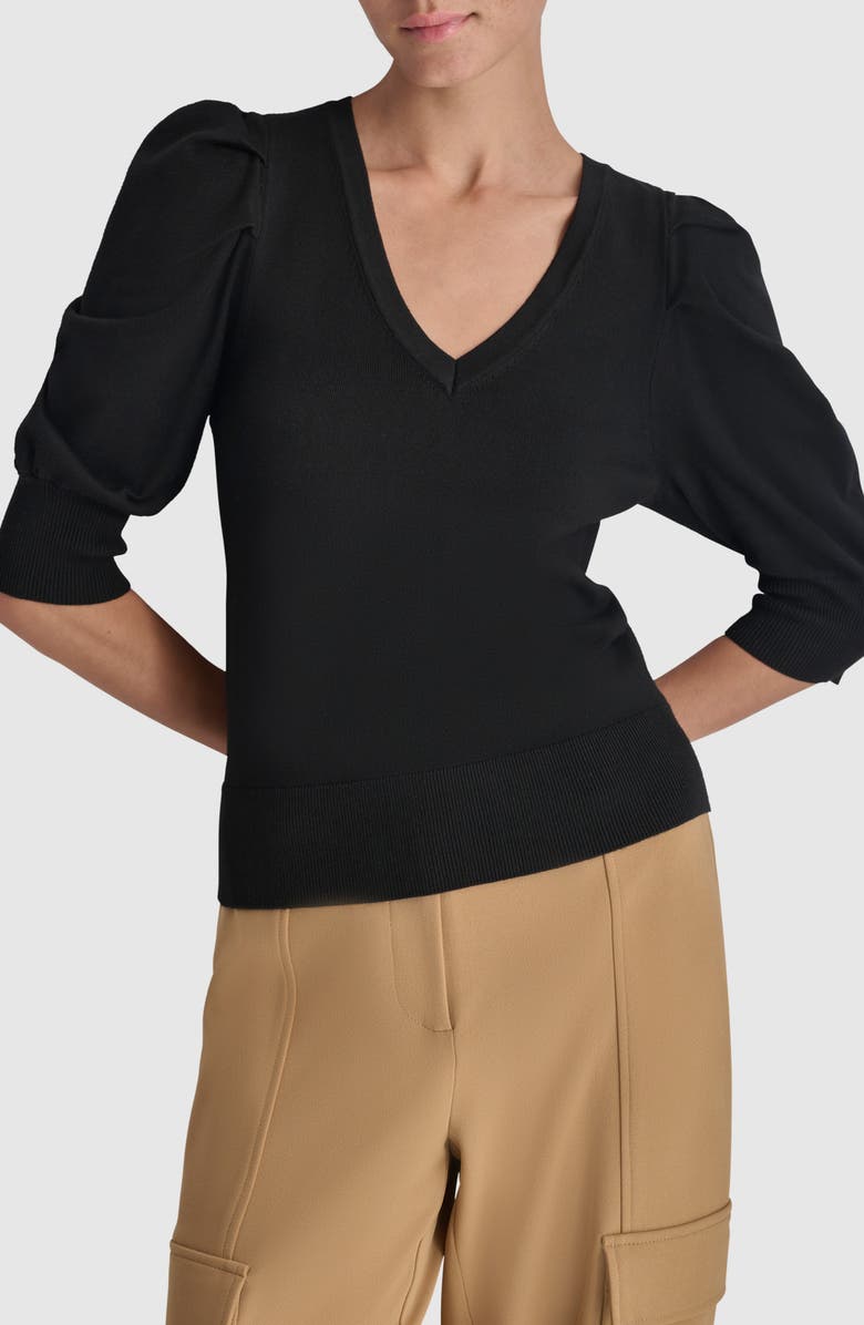DKNY Puff Sleeve V-Neck Sweater, Alternate, color, Black