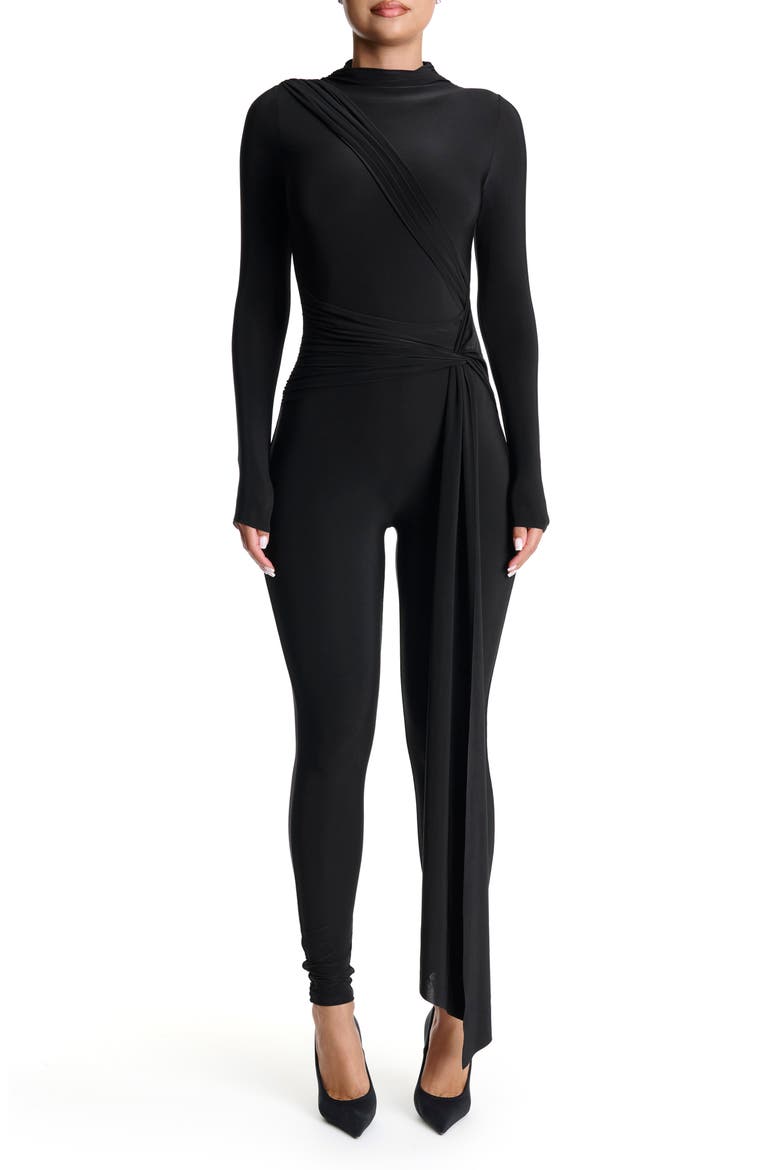 Hourglass Tie Waist Long Sleeve Jumpsuit, Main, color, BLACK
