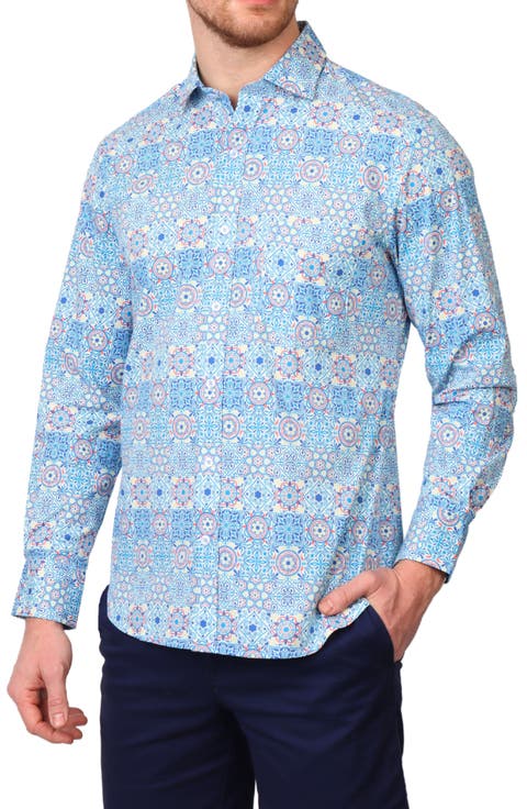 Mosaic Stretch Cotton Button-Up Shirt