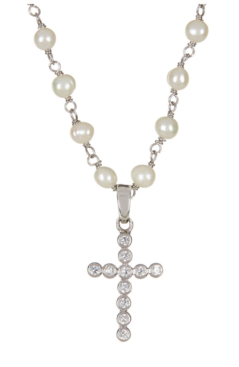SPLENDID PEARLS CZ Cross Pendant 4-5mm Pearl Necklace, Main, color, 