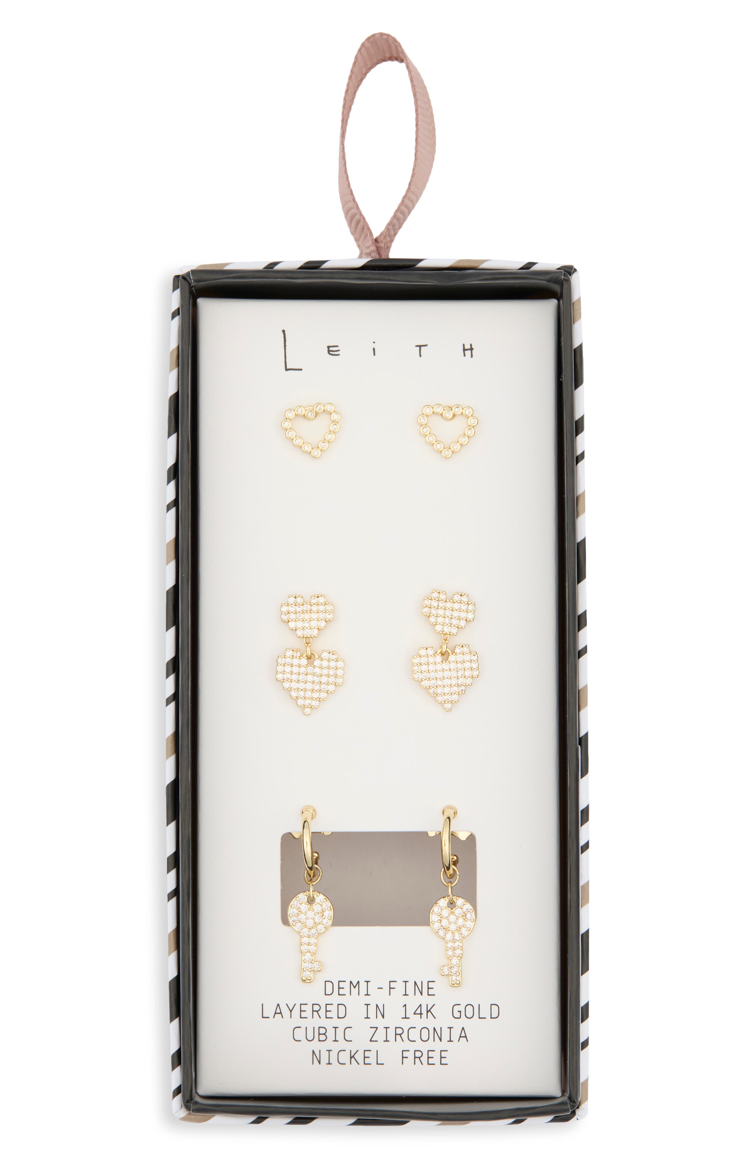 Leith 3-Pack Faux Pearl & CZ Heart Earrings