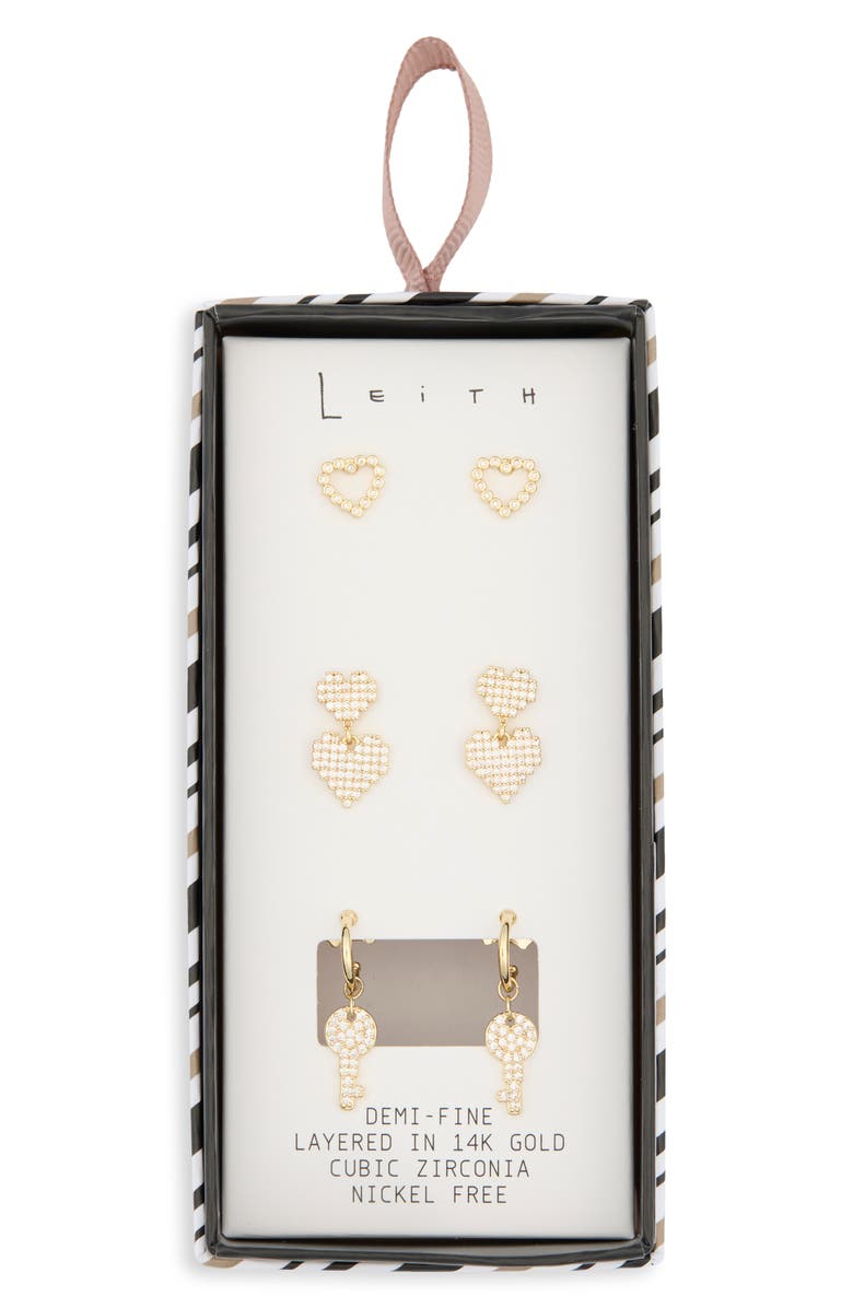Leith 3-Pack Faux Pearl & CZ Heart Earrings, Main, color, Clear- Gold