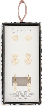 Leith 3-Pack Faux Pearl & CZ Heart Earrings